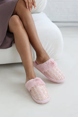 Zadie Pink Sequin Tweed Mule Slippers With Faux Fur Trim