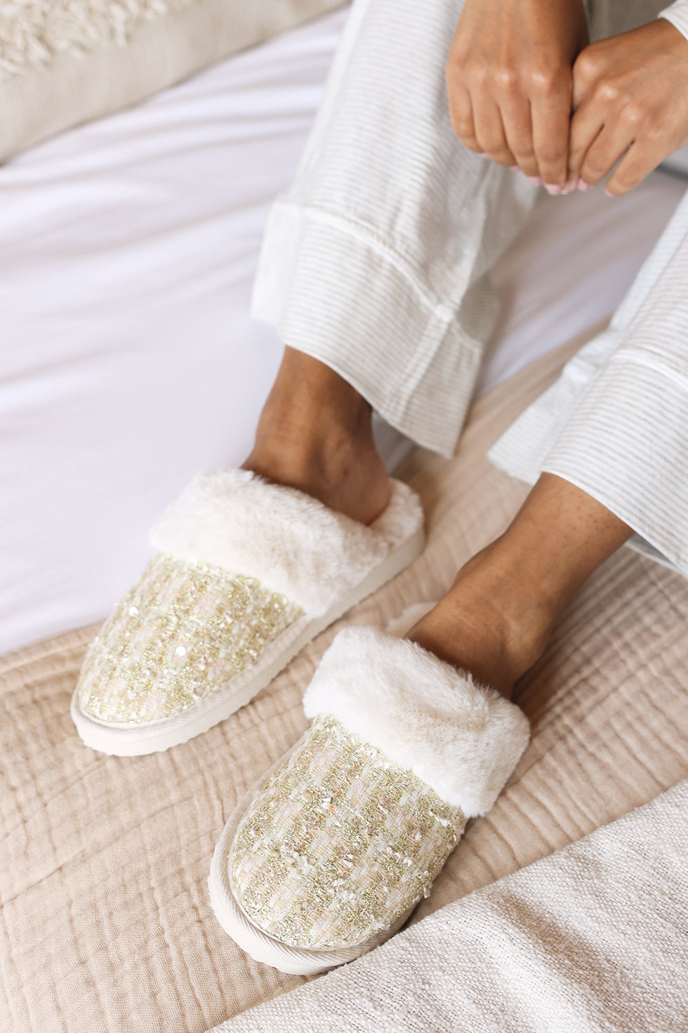 Qivelle Sequin Tweed Mule Slippers With Faux Fur Trim
