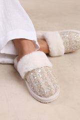 COZY SLIP ON SEQUIN SLIPPERS WITH FUR TRIM IN BEIGE