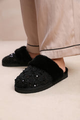 COZY SLIP ON SEQUIN SLIPPERS WITH FUR TRIM IN BLACK