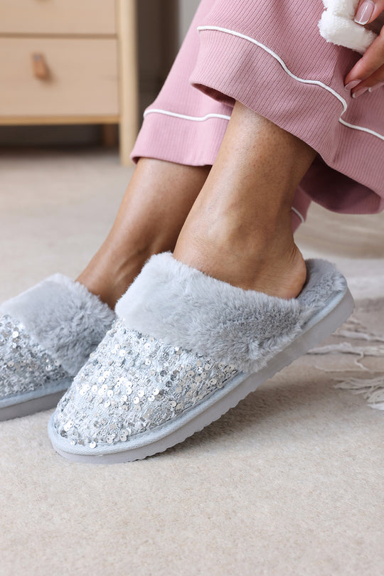 Qivelle Sequin Tweed Mule Slippers With Faux Fur Trim
