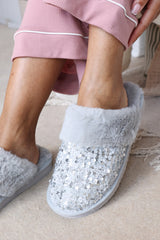Qivelle Sequin Tweed Mule Slippers With Faux Fur Trim