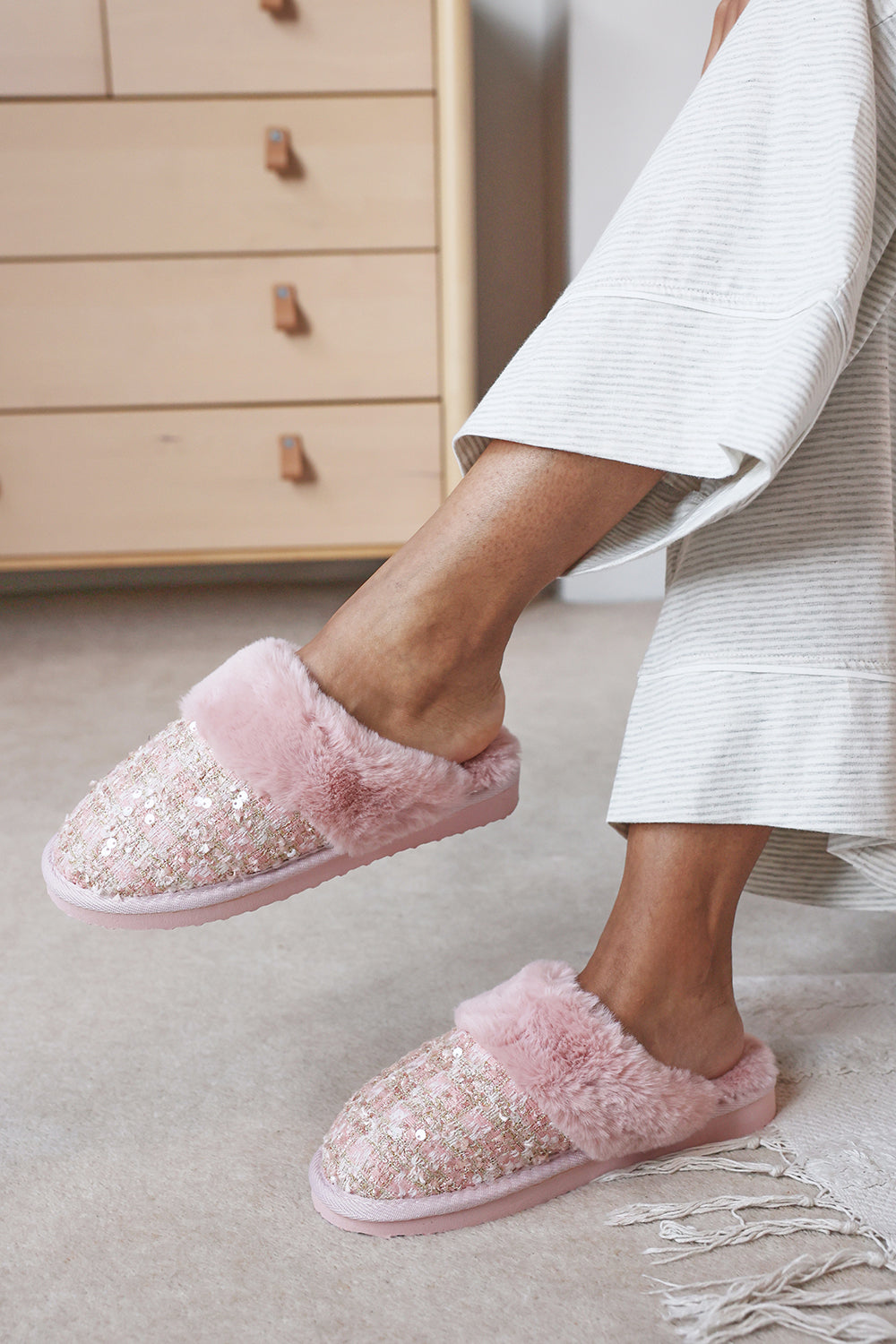 Qivelle Sequin Tweed Mule Slippers With Faux Fur Trim