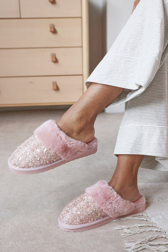 Qivelle Sequin Tweed Mule Slippers With Faux Fur Trim