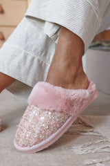 Qivelle Sequin Tweed Mule Slippers With Faux Fur Trim