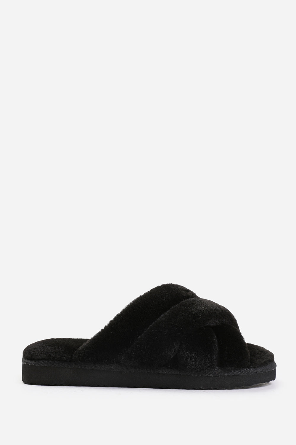 SNUGGLE CROSS OVER FLUFFY SLIPPERS IN BLACK