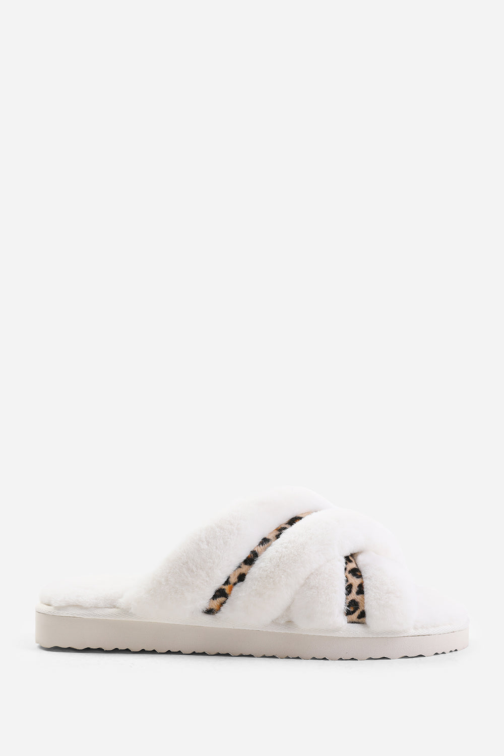 SNUGGLE CROSS OVER FLUFFY SLIPPERS IN LEOPARD CREAM