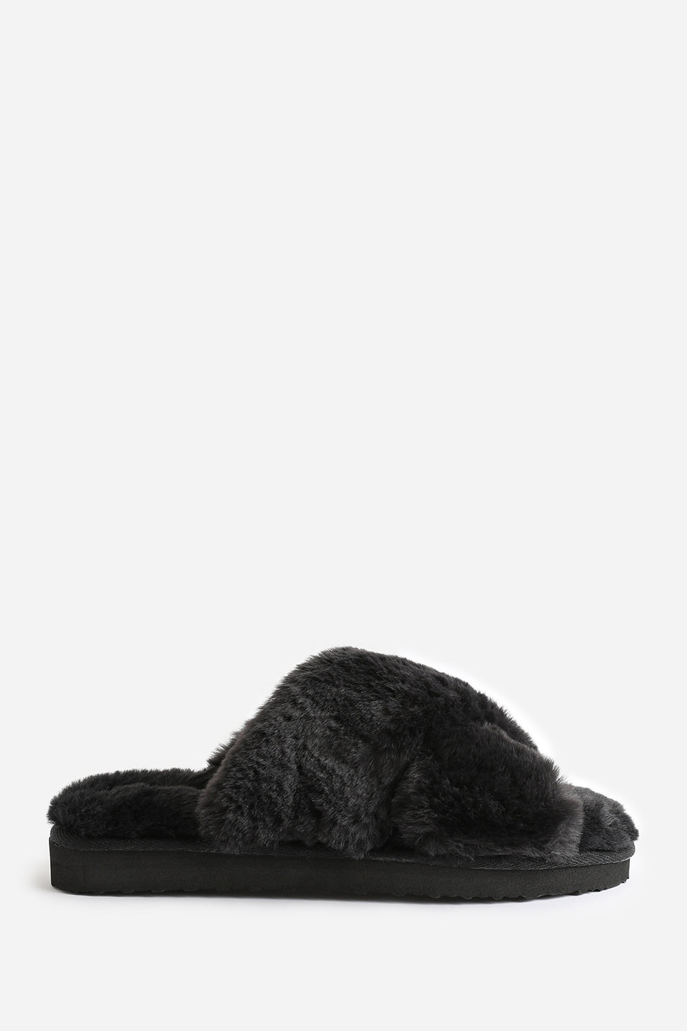 Blakelie Black Faux Fur Cross Over Strap Slippers