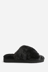 Blakelie Black Faux Fur Cross Over Strap Slippers