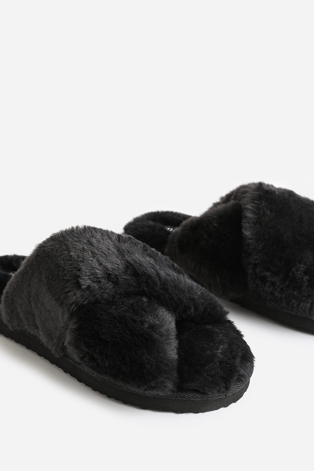 Blakelie Black Faux Fur Cross Over Strap Slippers