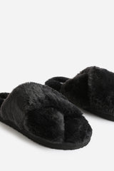 Blakelie Black Faux Fur Cross Over Strap Slippers