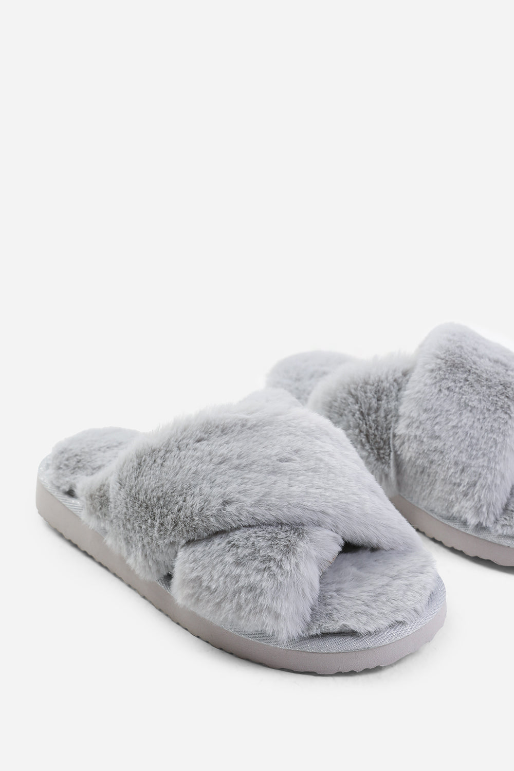 Celeste Grey Faux Fur Fluffy Crossover Slippers