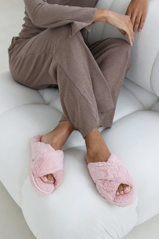 Celeste Pink Faux Fur Fluffy Crossover Slippers