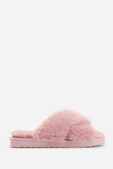 Blakelie Pink Faux Fur Cross Over Strap Slippers