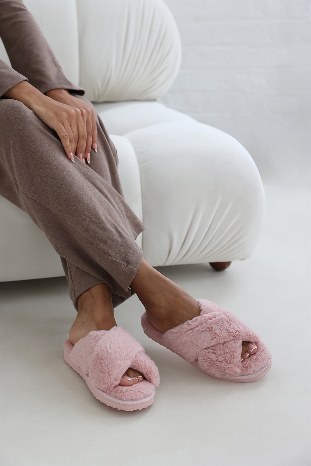 Celeste Pink Faux Fur Fluffy Crossover Slippers