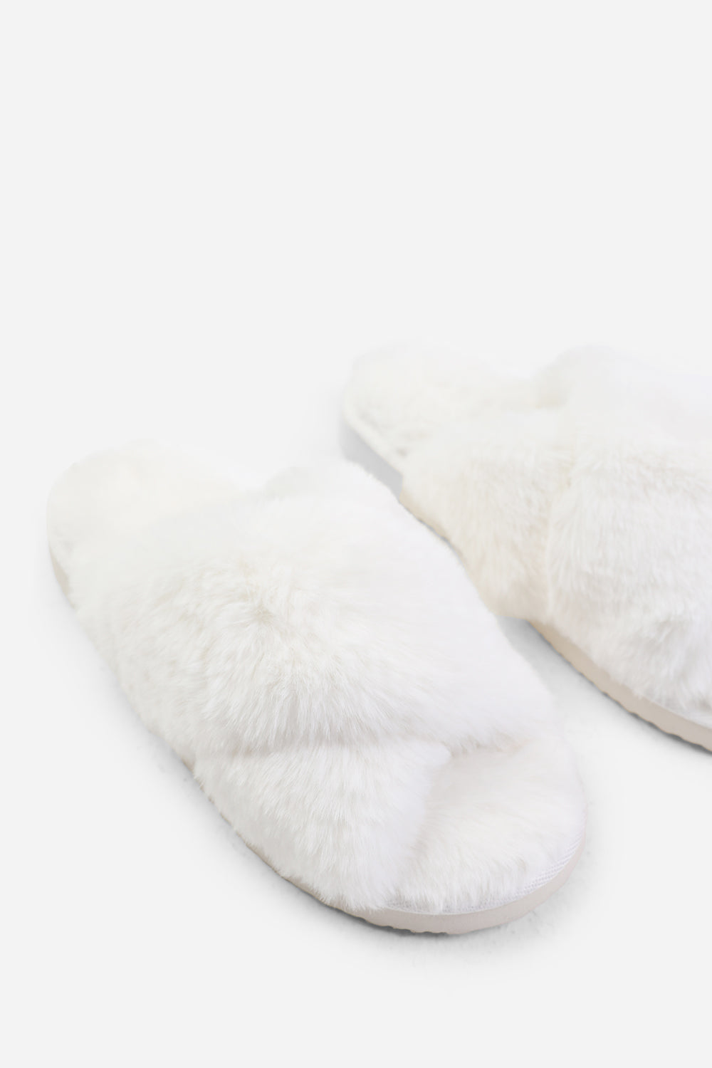 Blakelie White Faux Fur Cross Over Strap Slippers