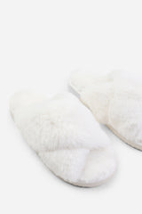 Blakelie White Faux Fur Cross Over Strap Slippers