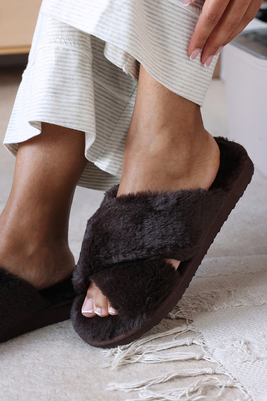 Ravixa Cross Over Fluffy Fur Slider Slippers