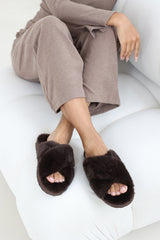Blakelie Brown Faux Fur Cross Over Strap Slippers