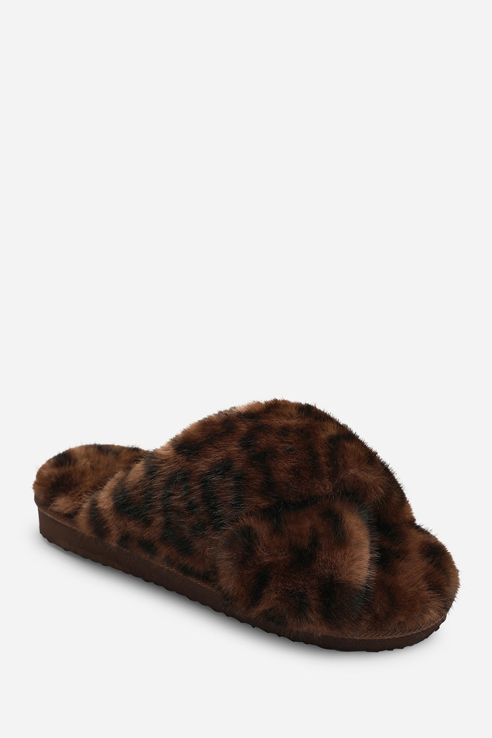 Denise Cross Over Fluffy Fur Slider Slippers In Leopard