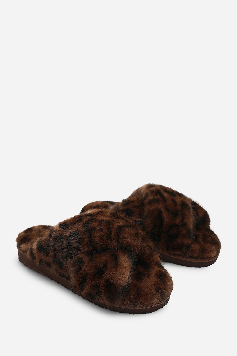 Denise Cross Over Fluffy Fur Slider Slippers In Leopard