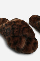 Denise Cross Over Fluffy Fur Slider Slippers In Leopard