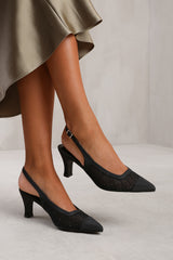 ASPEN WIDE FIT DIAMANTE MESH POINTED HEEL WITH SLINGBACK STRAP IN BLACK SATIN