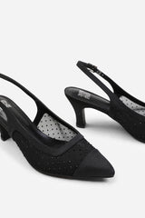 ASPEN WIDE FIT DIAMANTE MESH POINTED HEEL WITH SLINGBACK STRAP IN BLACK SATIN