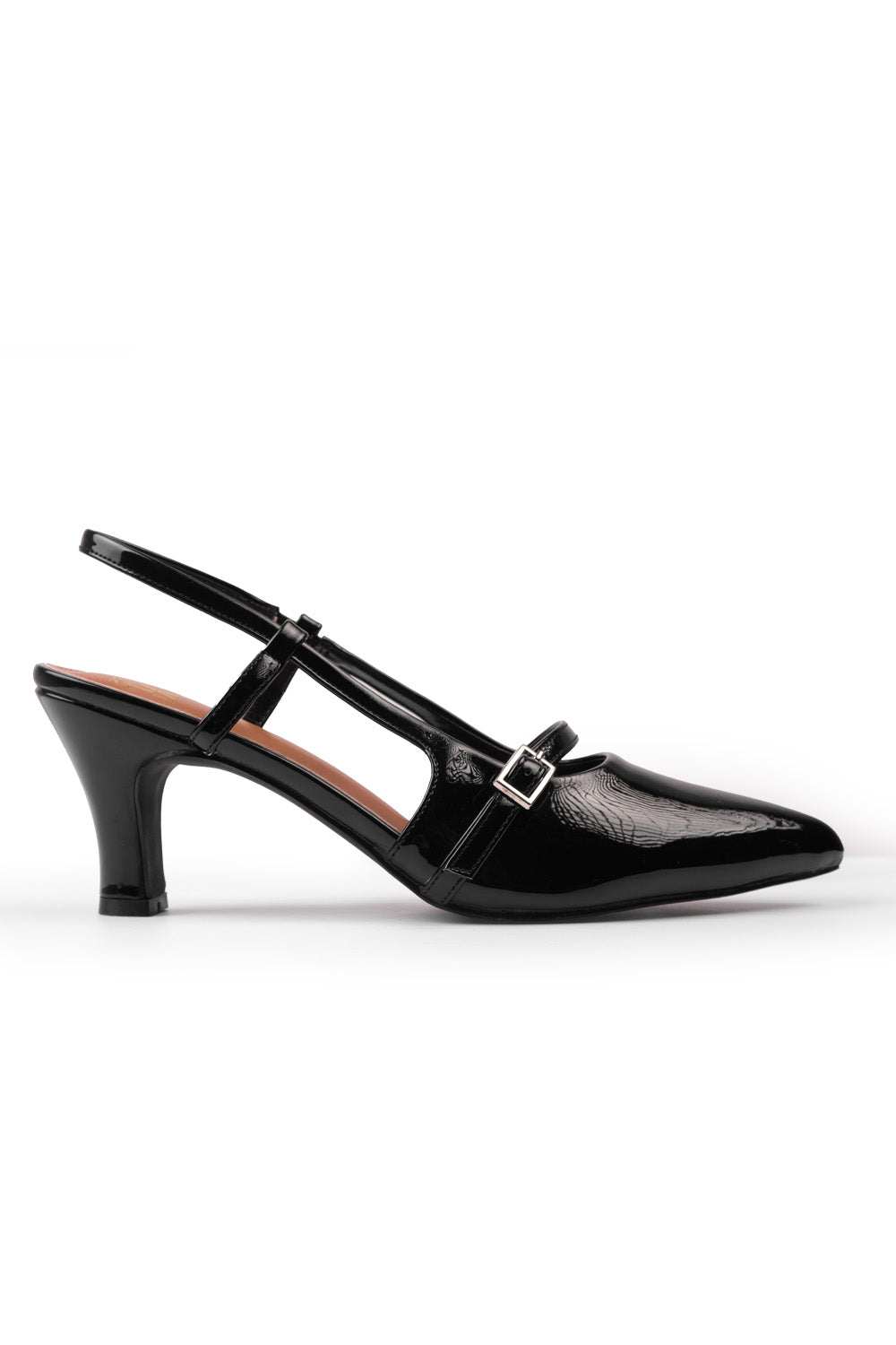 ON POINT MID HEEL SLINGBACK SANDALS WITH STRAP AND BUCKLE DETAIL IN BLACK PATENT