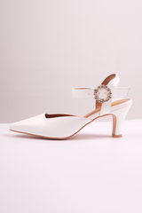 NEW FORM WIDE FIT MID HEEL SANDALS WITH DIAMANTE BUCKLE DETAIL IN WHITE FAUX LEATHER