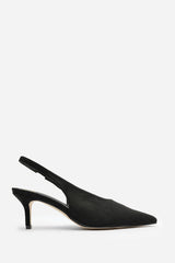 Mira Pointed Slingback Kitten Heels in Black Faux Suede