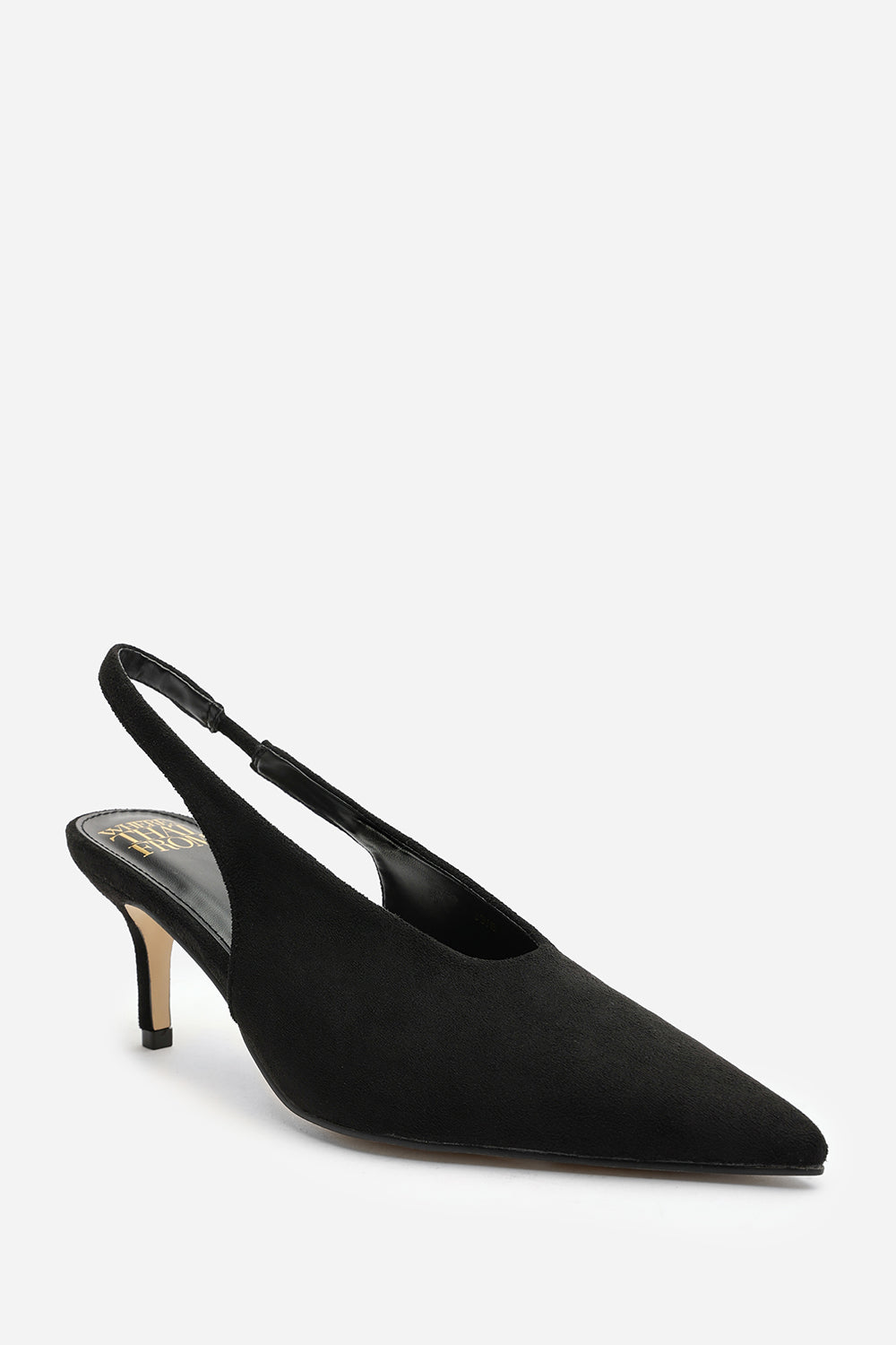 Mira Pointed Slingback Kitten Heels in Black Faux Suede