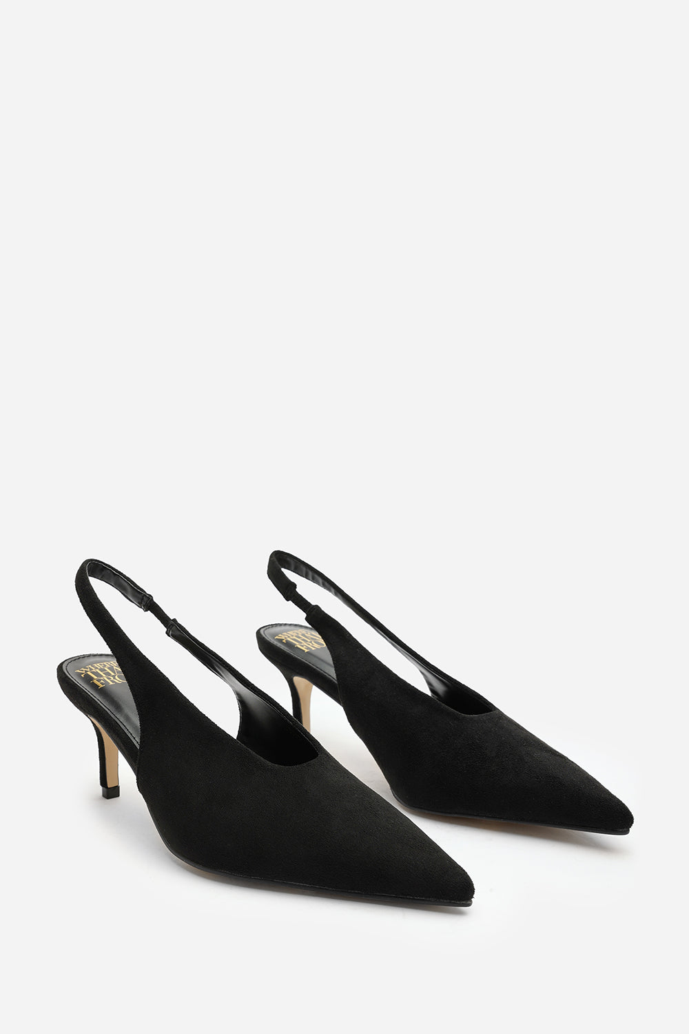 Mira Pointed Slingback Kitten Heels in Black Faux Suede