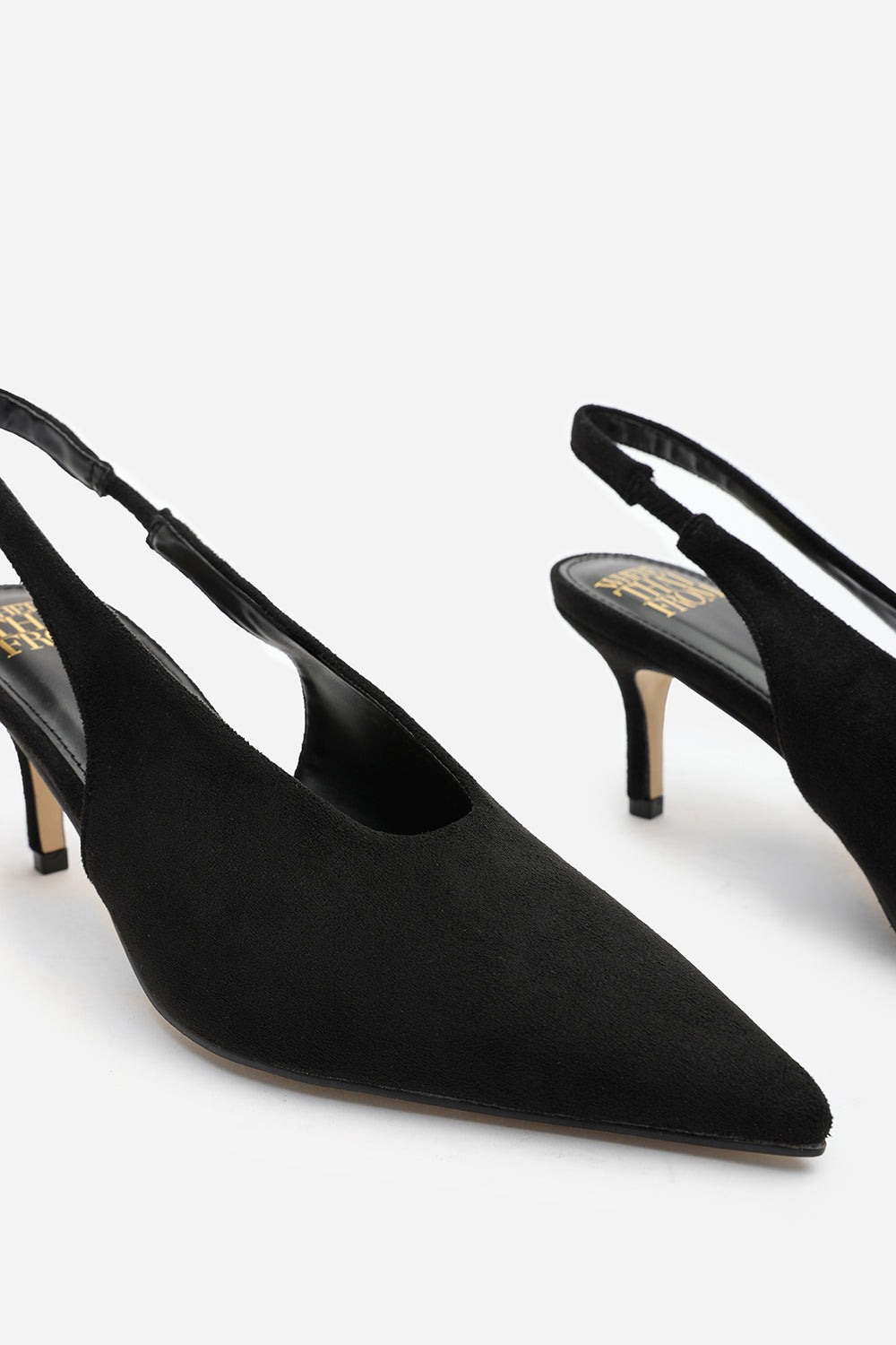 Mira Pointed Slingback Kitten Heels in Black Faux Suede
