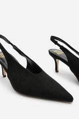 Mira Pointed Slingback Kitten Heels in Black Faux Suede