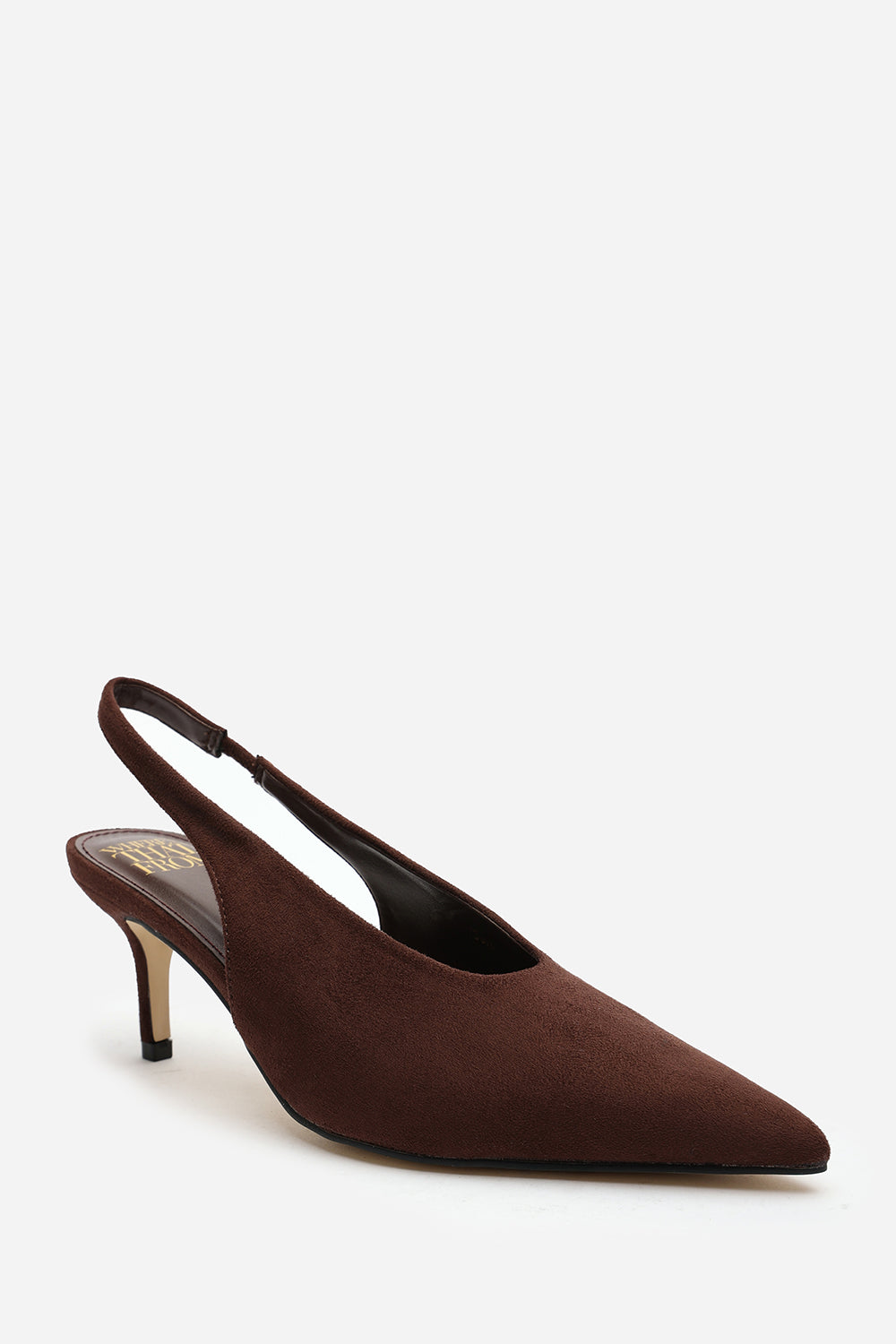 Lorien Brown Pointed Toe Kitten Heels With Slingback Strap