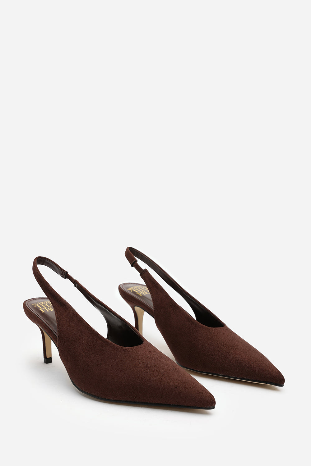 Lorien Brown Pointed Toe Kitten Heels With Slingback Strap