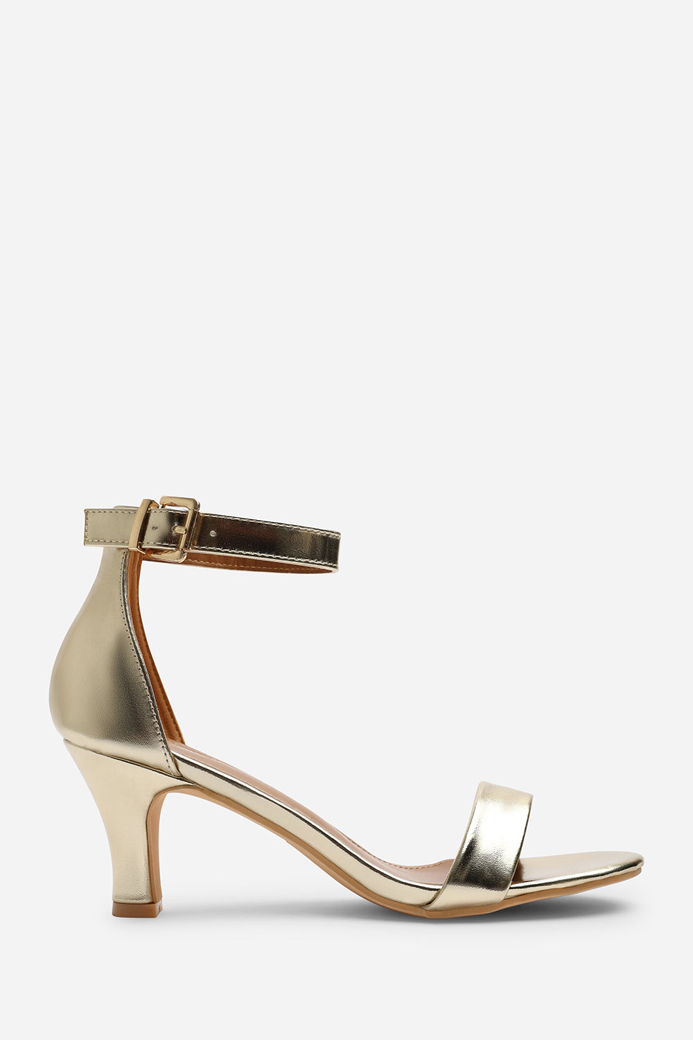 MADRID MID BLOCK HEEL WITH ANKLE STRAP IN GOLD METALLIC PU
