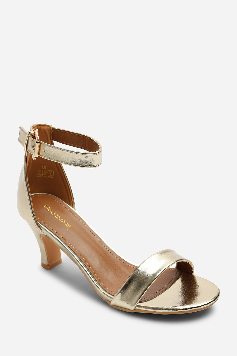 Calvia Gold Metallic Two Strap Mid Block Heels