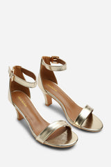 Calvia Gold Metallic Two Strap Mid Block Heels