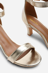 Calvia Gold Metallic Two Strap Mid Block Heels
