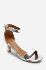 MADRID MID BLOCK HEEL WITH ANKLE STRAP IN SILVER METALLIC PU