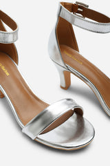 Calvia Silver Metallic Two Strap Mid Block Heels
