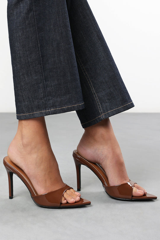 Indira Brown Patent Open Toe Stiletto Mules