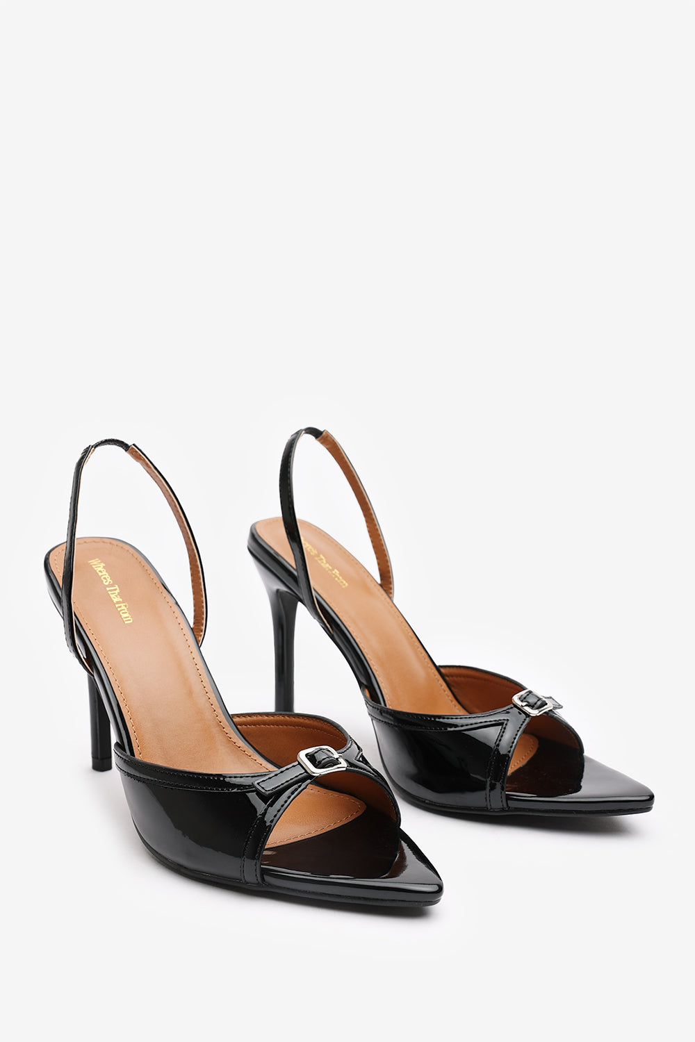 Emeria Black Pointed Open Toe Slingback Heels With Bow Detail