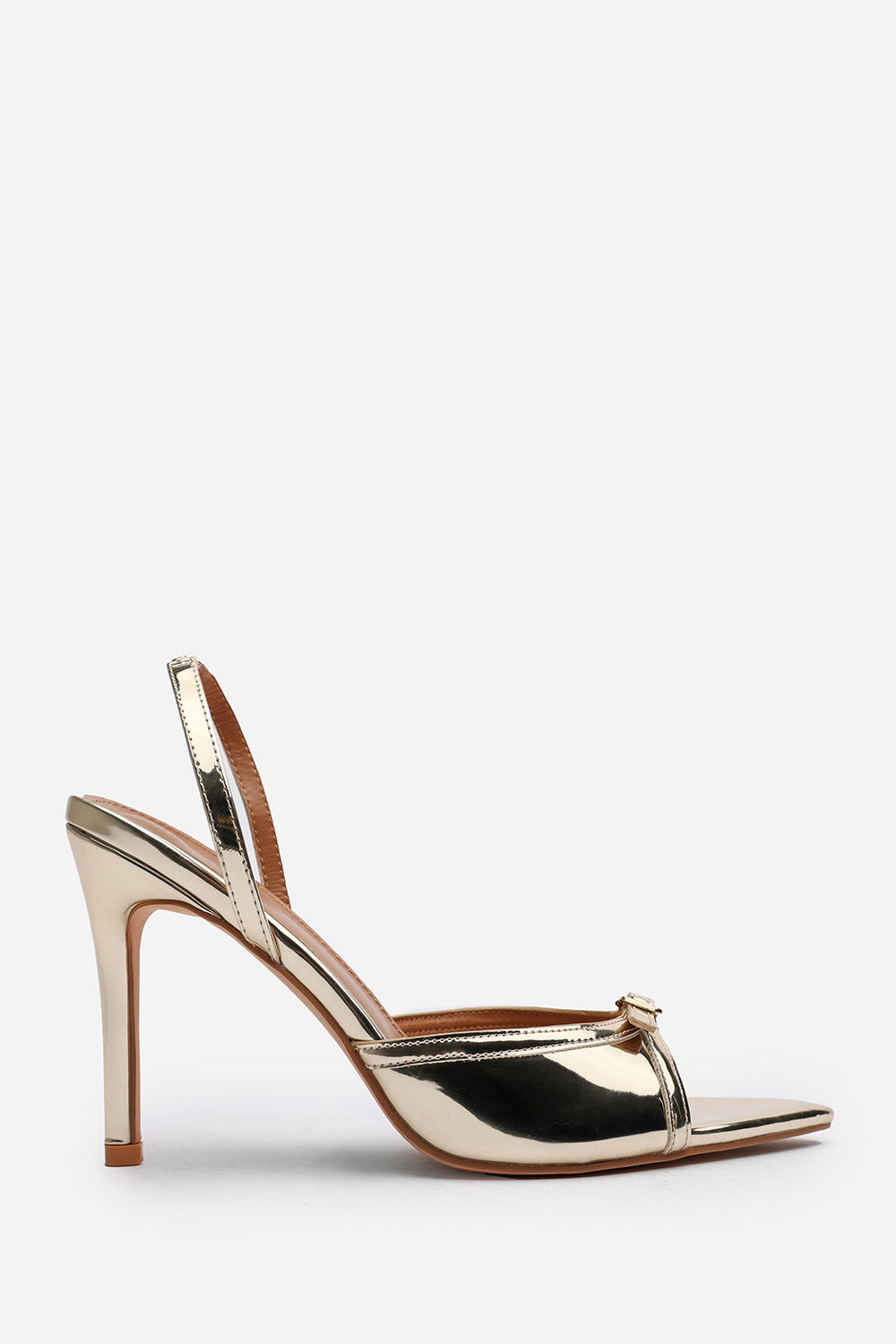 Odette Wide Fit Gold Chrome Pointed Open Toe Slingback Heel with Front Buckle Detail