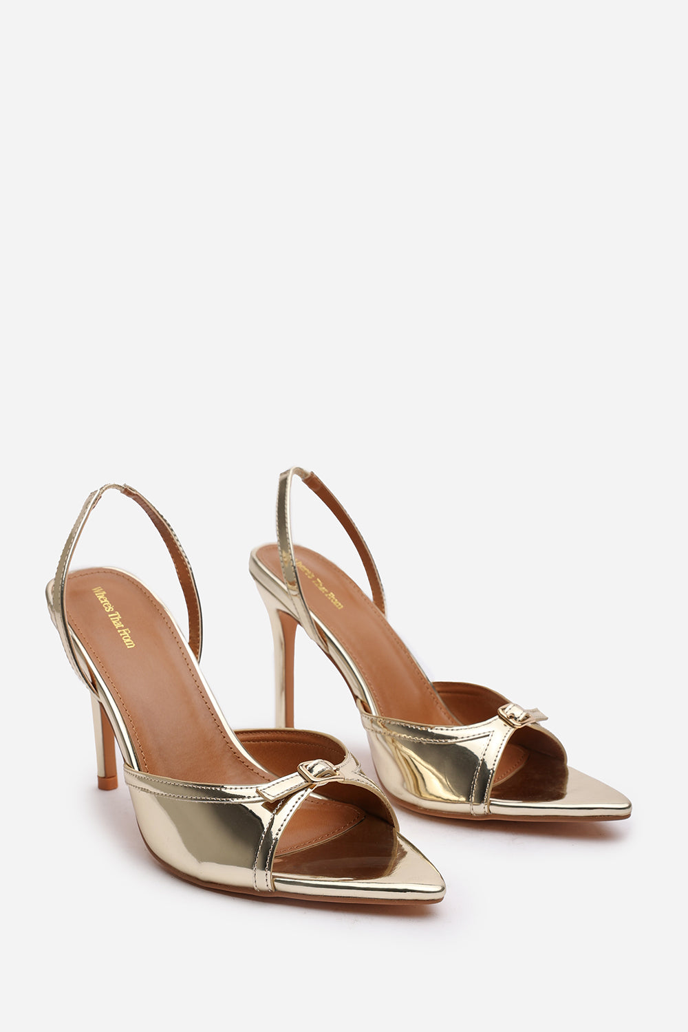 Odette Gold Chrome Pointed Open Toe Slingback Heel with Front Buckle Detail