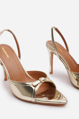 Odette Gold Chrome Pointed Open Toe Slingback Heel with Front Buckle Detail