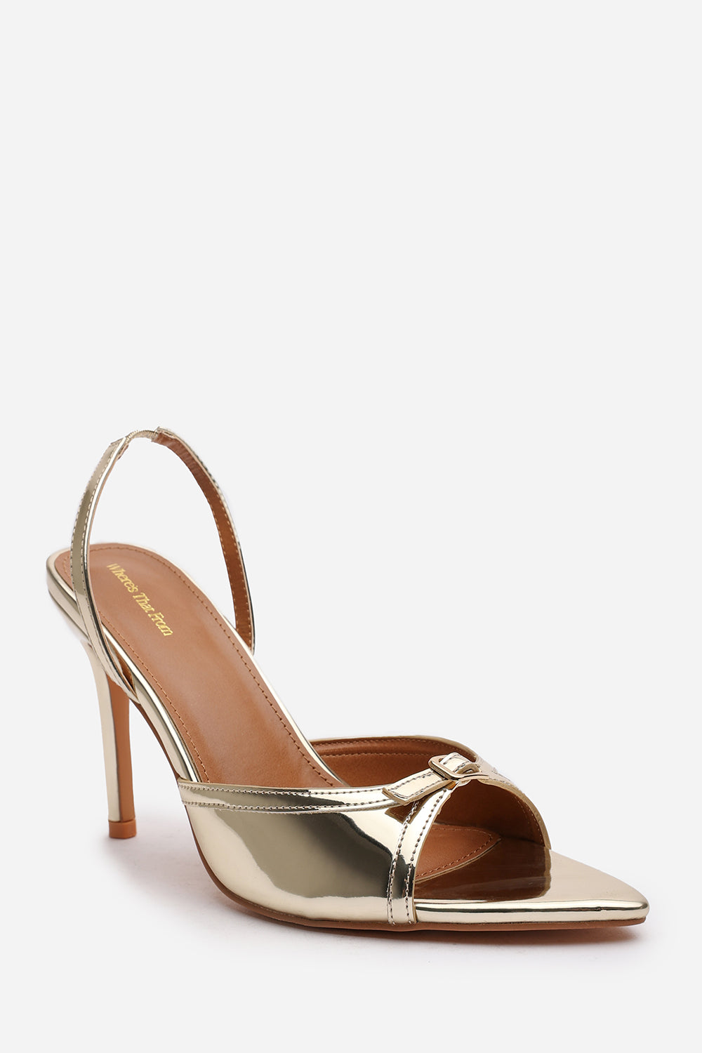 Emeria Gold Pointed Open Toe Slingback Heels With Bow Detail
