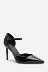 Tiana Black Pointed Toe Stilleto Court Heeled Shoe with Buckle Strap